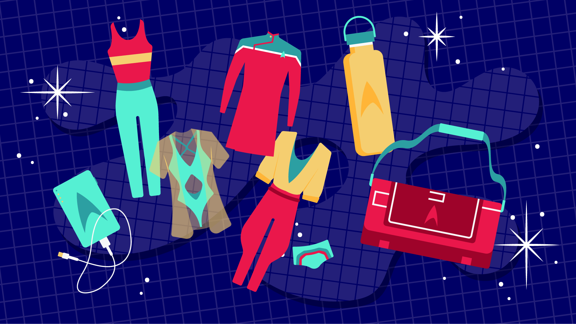 Graphic illustration of a portable charger with a delta, civilian attire, Starfleet skant, a pair of swim trunks, a reusable water bottle, and duffle bag