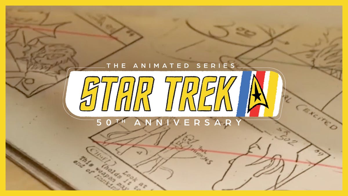 Star Trek: The Animated Series 50th anniversary logo overlaid on storyboards