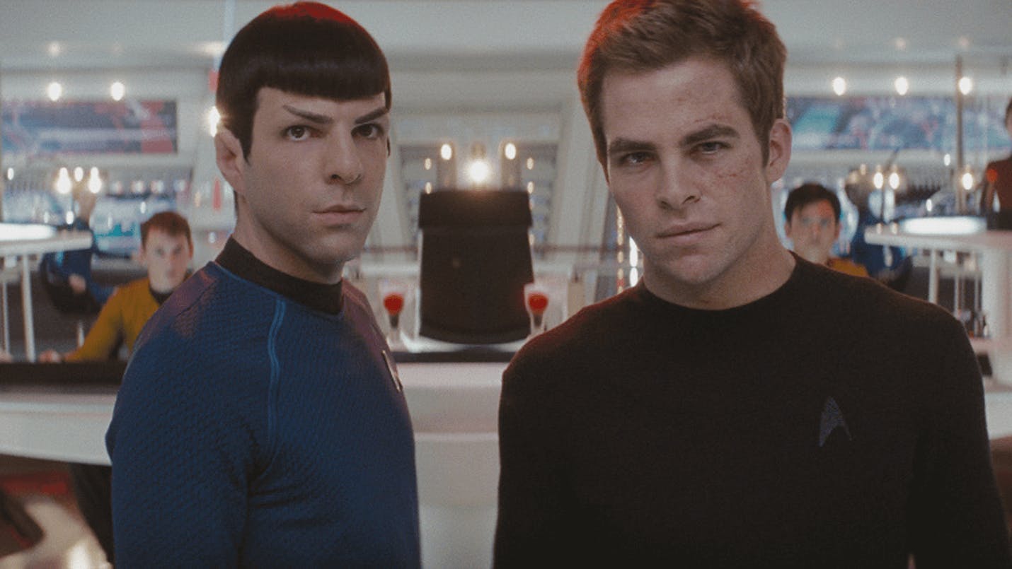 Header image for Star Trek (2009) showing James T. Kirk and Spock on the bridge 