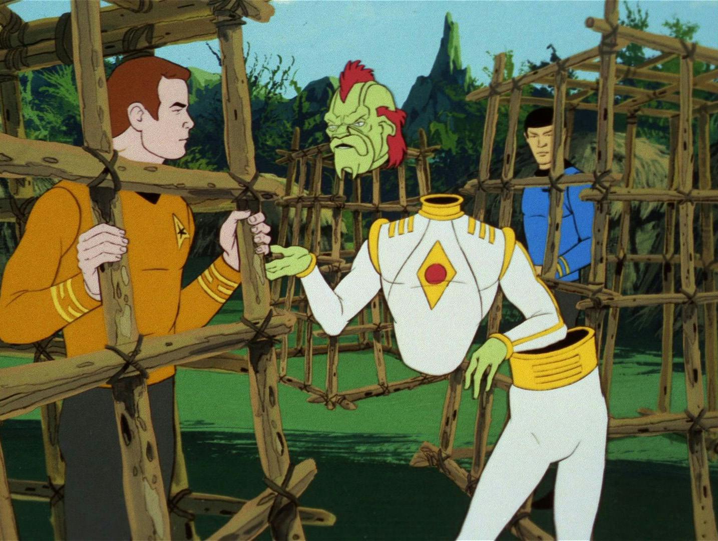Bem separates into segments to escape his cage to talk with Kirk in his cage while Spock observes