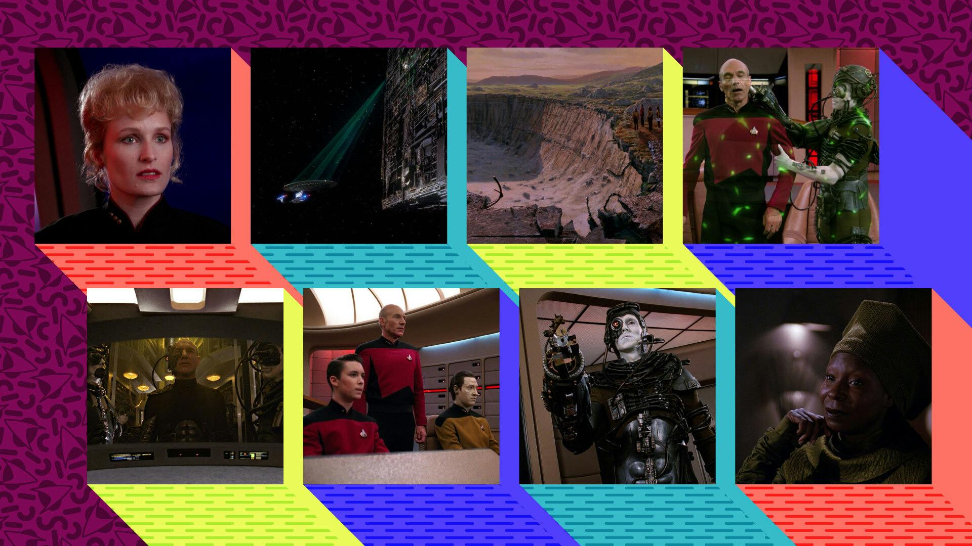 Episodic stills from Star Trek: The Next Generation's cliffhanger 'The Best of Both Worlds, Part I' including Guinan, the Borg, Shelby