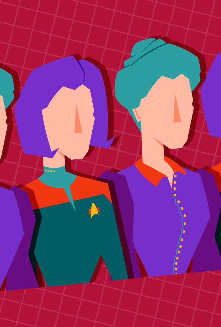 Illustration of Captain Janeway in uniform alongside her Fair Haven holodeck counterpart
