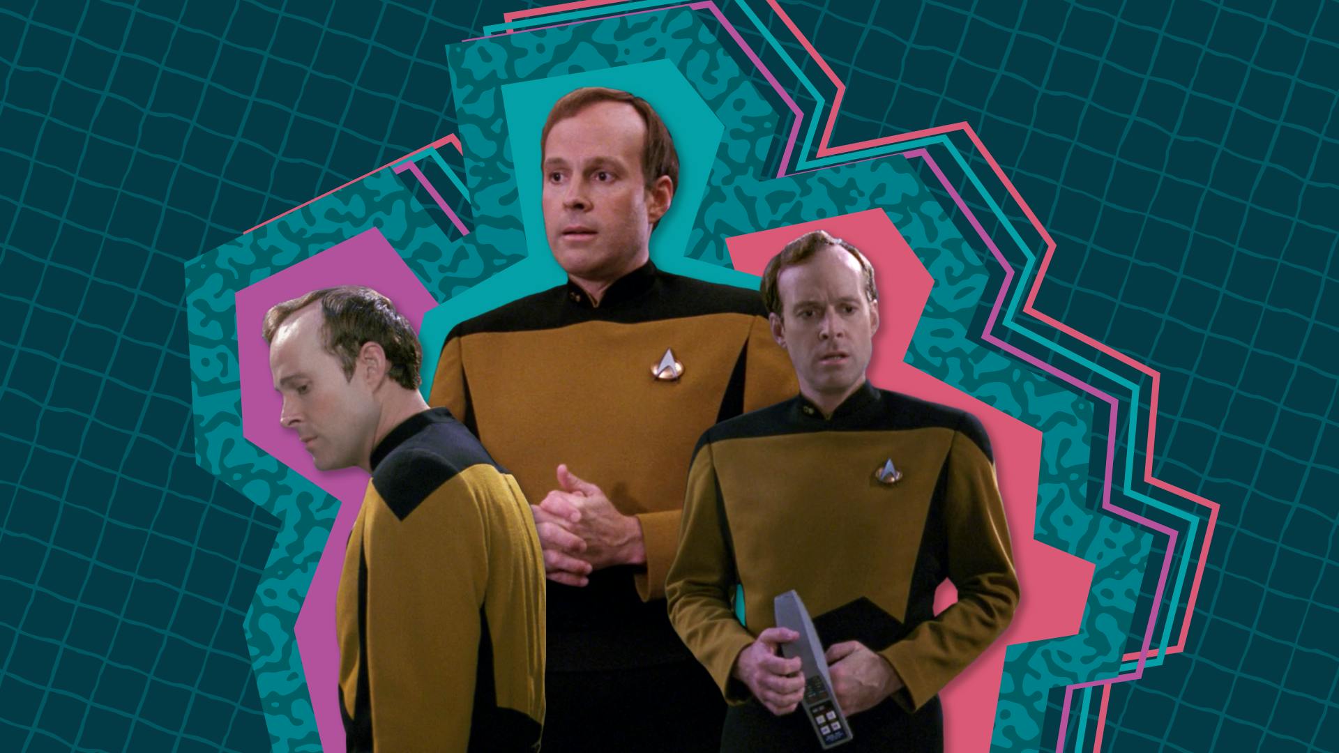 Three images of Barclay, centered, on a stylized, multi-colored background. 