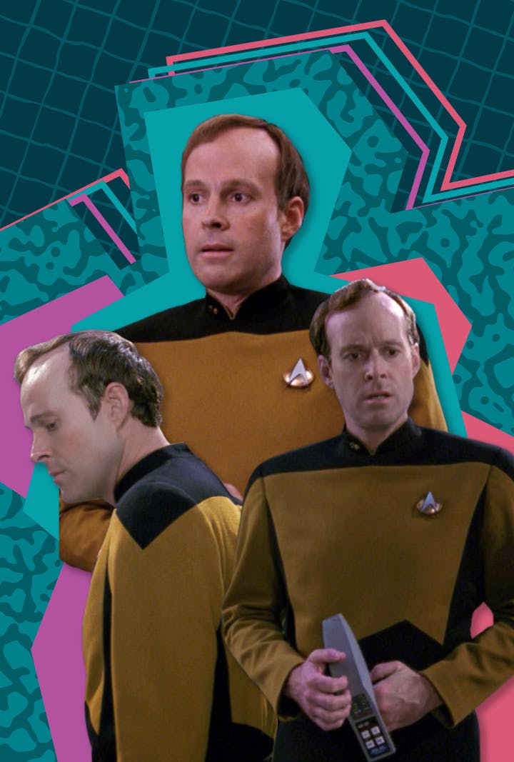 Three images of Barclay, centered, on a stylized, multi-colored background.