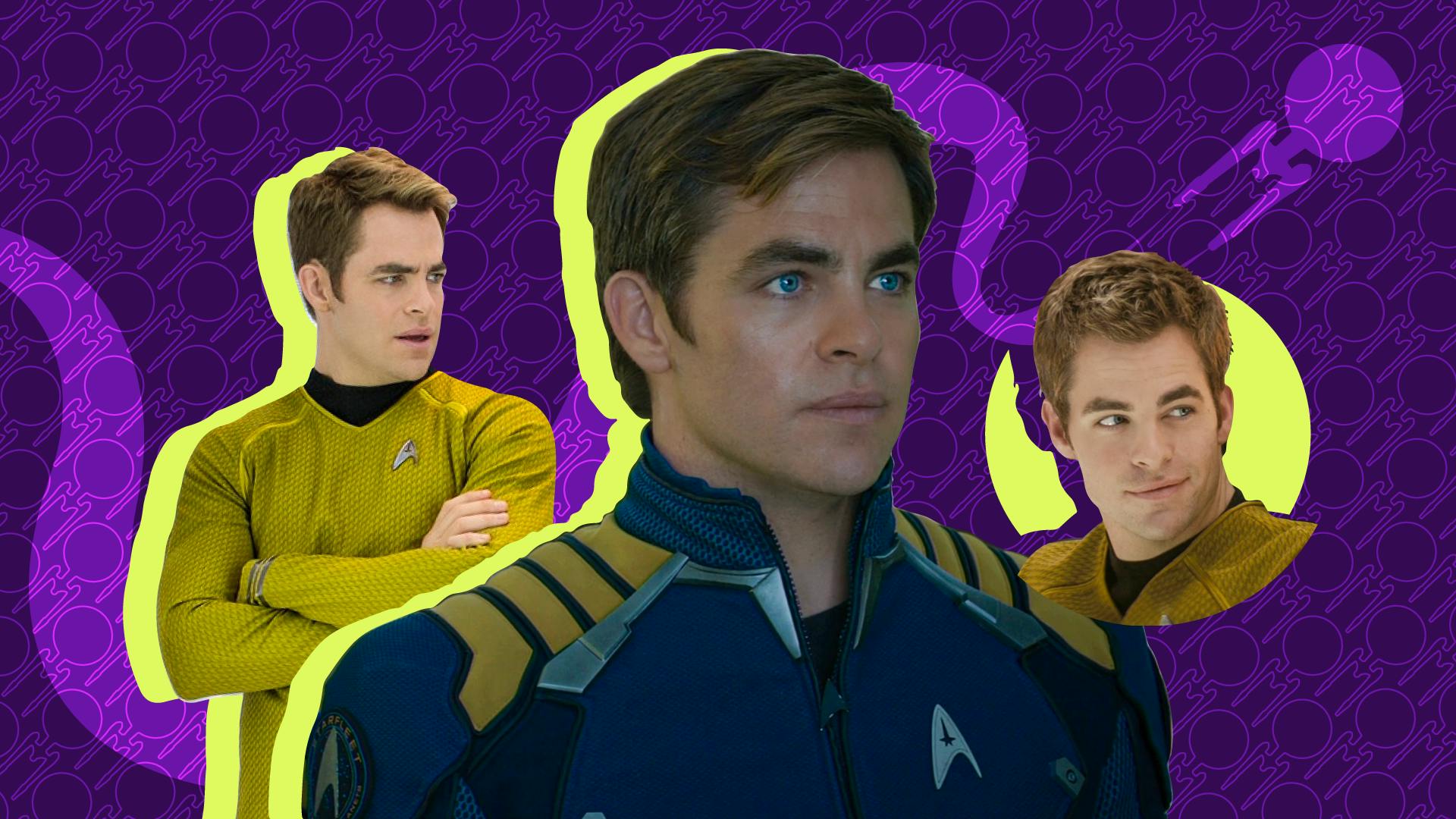 Composite banner featuring 3 stills of Chris Pine as James T. Kirk in front of an illustration of the U.S.S. Enterprise