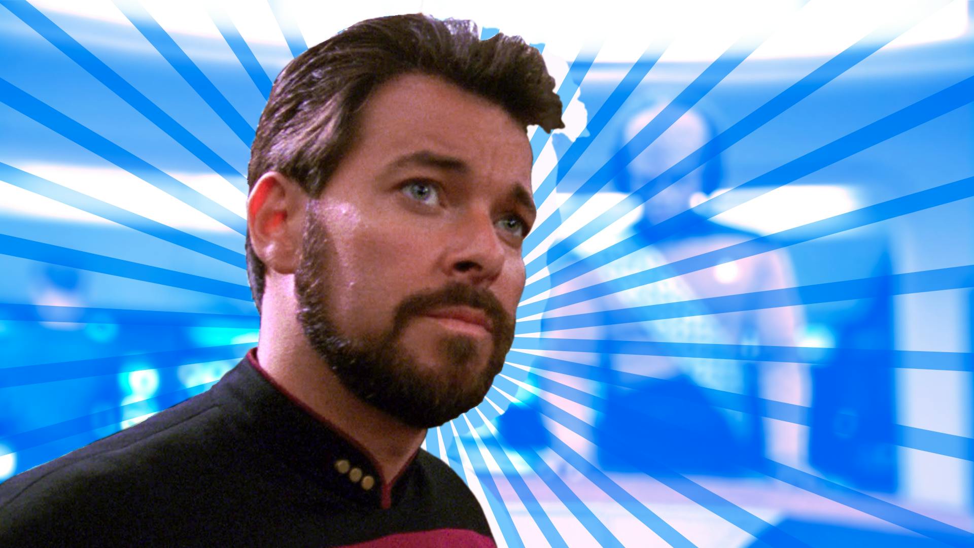 Stylized banner featuring a close-up of en episodic still of Will Riker on the bridge of the Enterprise-D