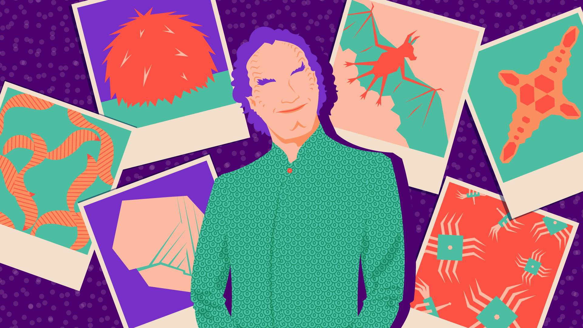 Graphic illustration of Dr. Phlox surrounded by illustrations of his useful creatures including a Tribble, Pyrithian Bat, Regulan Bloodworms, Borg Nanoprobes, and Osmotic Eel
