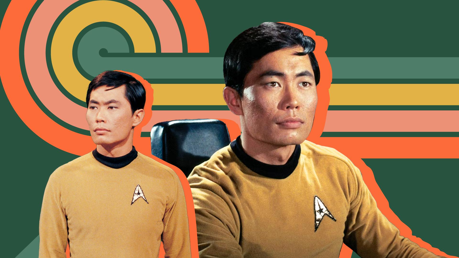 Episodic stills of George Takei as Sulu against a stylized, retro illustrated background