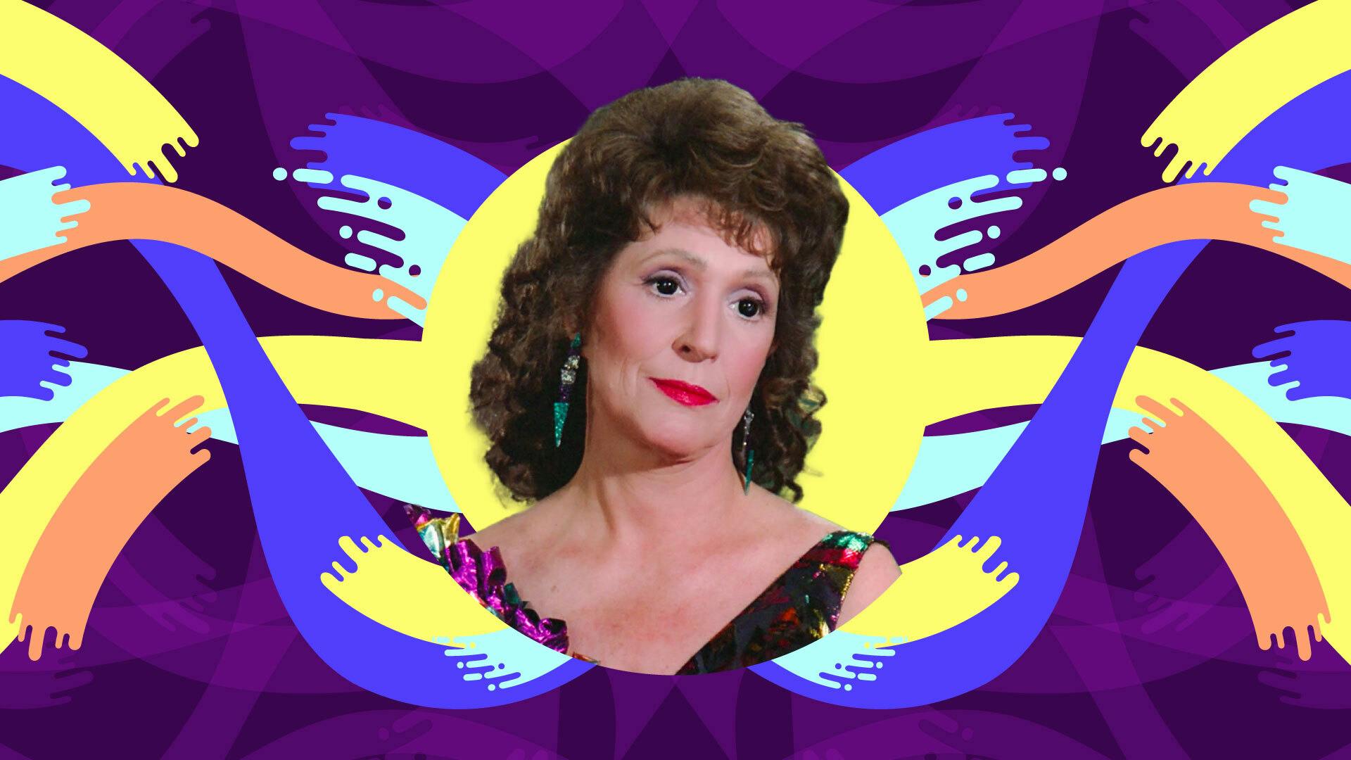 Episodic still of Majel Roddenberry as Lwaxana Troi surrounded by graphic illustrations of arms embracing