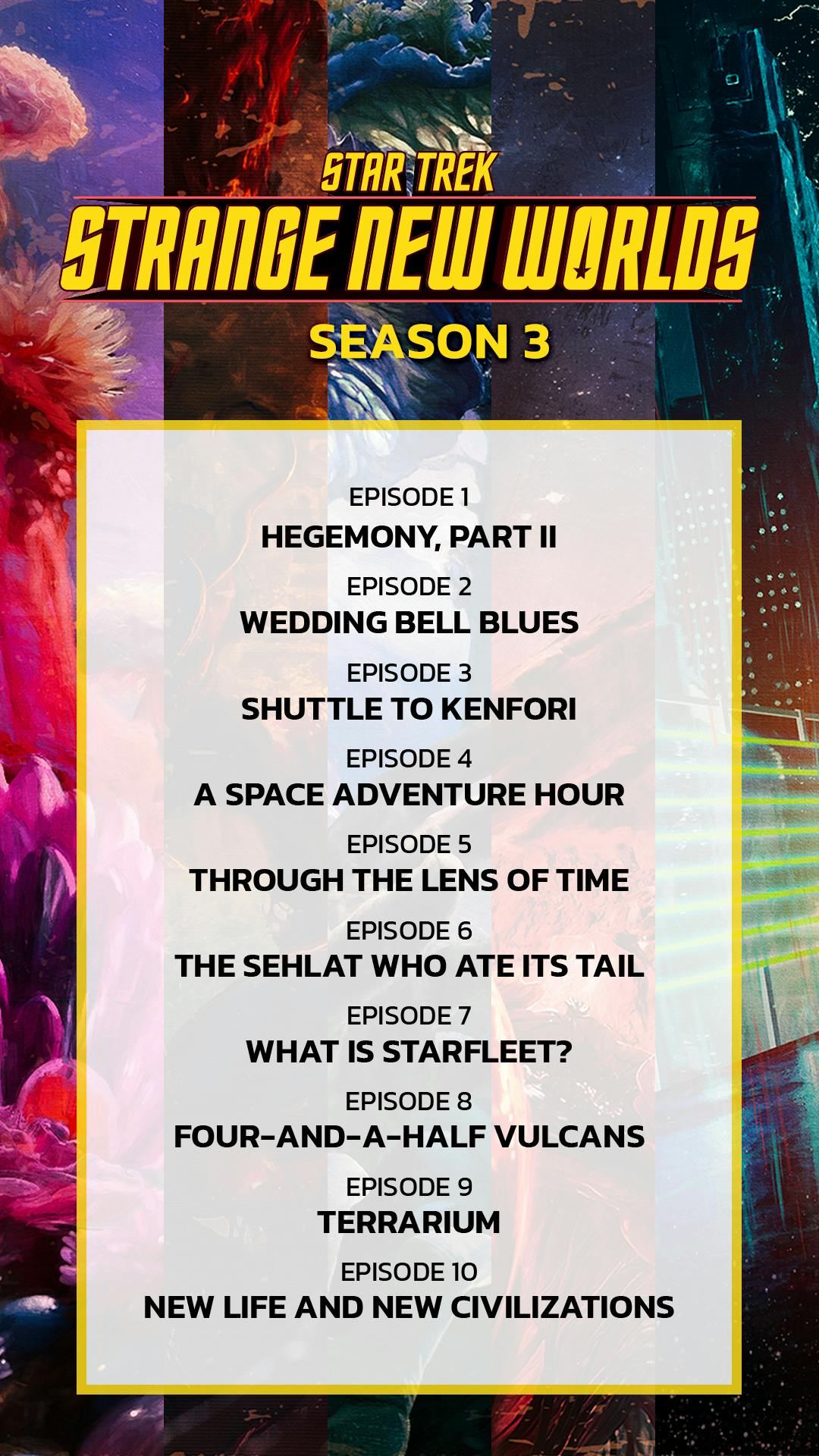 List of Star Trek: Strange New Worlds Season 3 episode titles against a stylized background