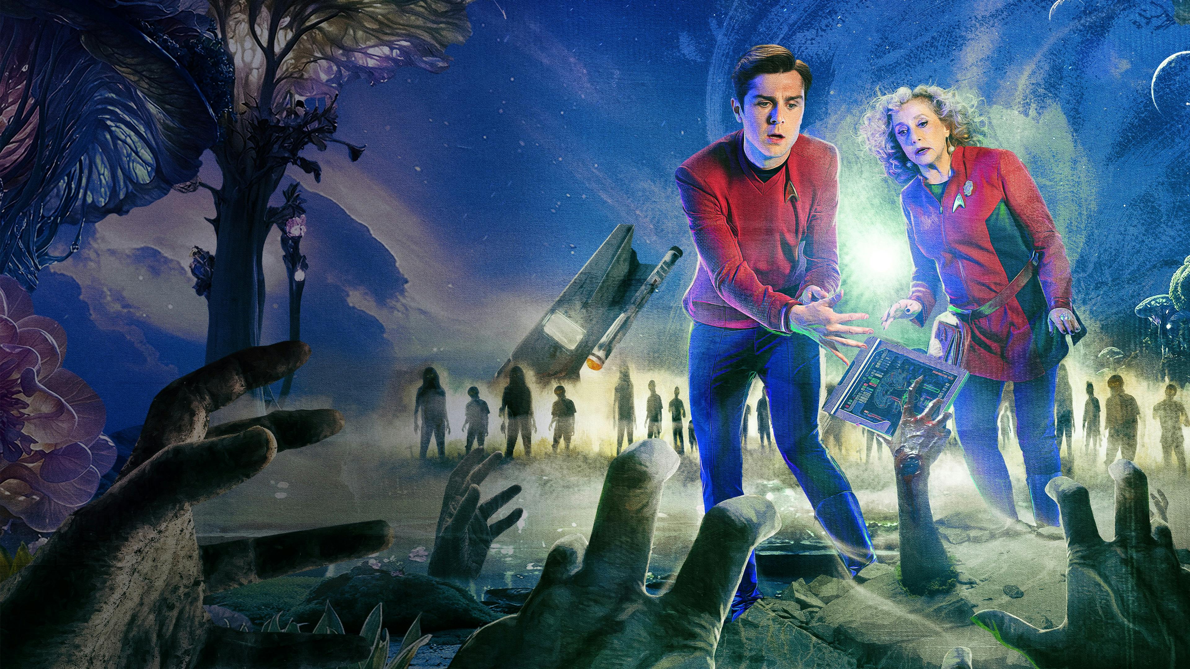 Stylized pulp-style poster that features alarmed Montgomery Scott and Pelia walking through a cemetery with hands coming out of the ground in front of them