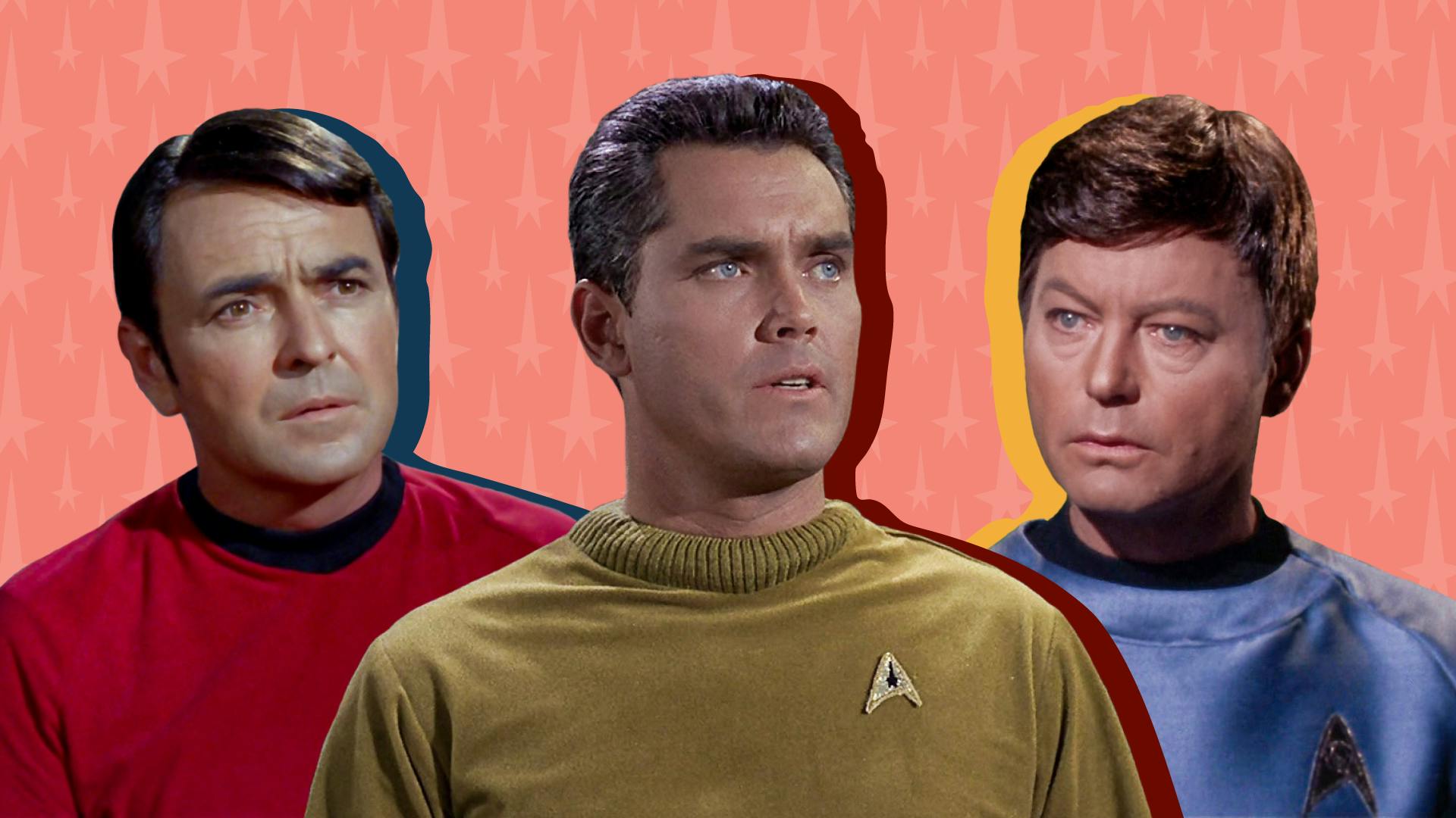 Stylized cut-outs of James Doohan as Montgomery Scott, Jeffrey Hunter as Christopher Pike, and DeForest Kelly as Leonard McCoy in front of a textured background of small Star Trek Deltas