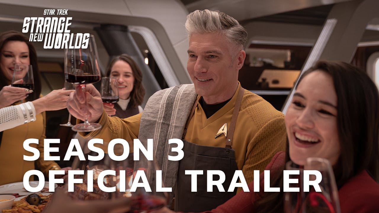 In the captain's quarters, the Enterprise crew Una, La'An, Pike, and Batel all raise their glass in cheers