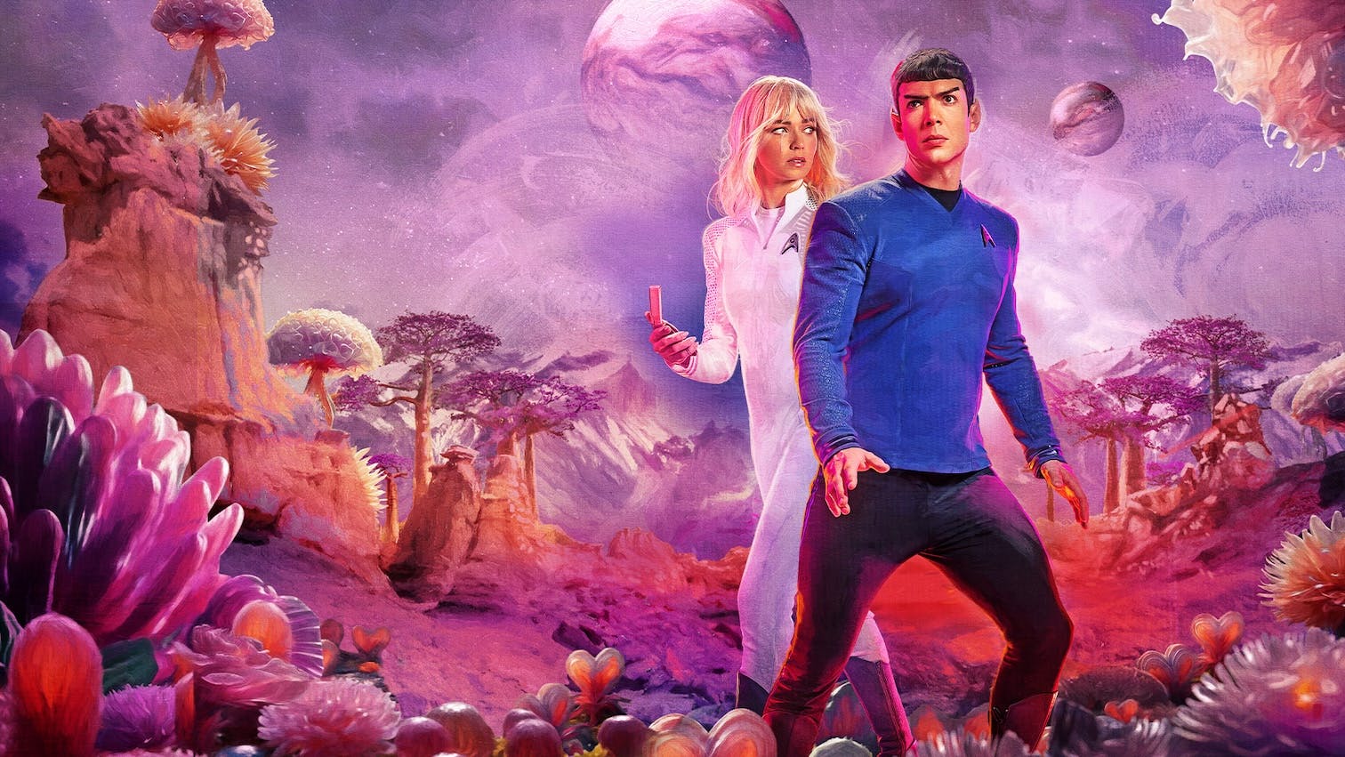 Stylized pulp-style poster that features Christine Chapel holding a scanner and Spock walking through a colorful flora environment