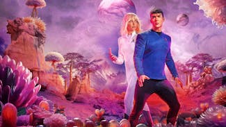 Stylized pulp-style poster that features Christine Chapel holding a scanner and Spock walking through a colorful flora environment