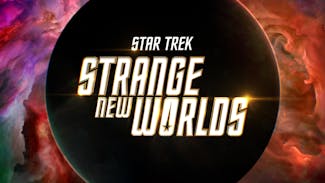 Star Trek: Strange New Worlds title treatment on top of a nebula