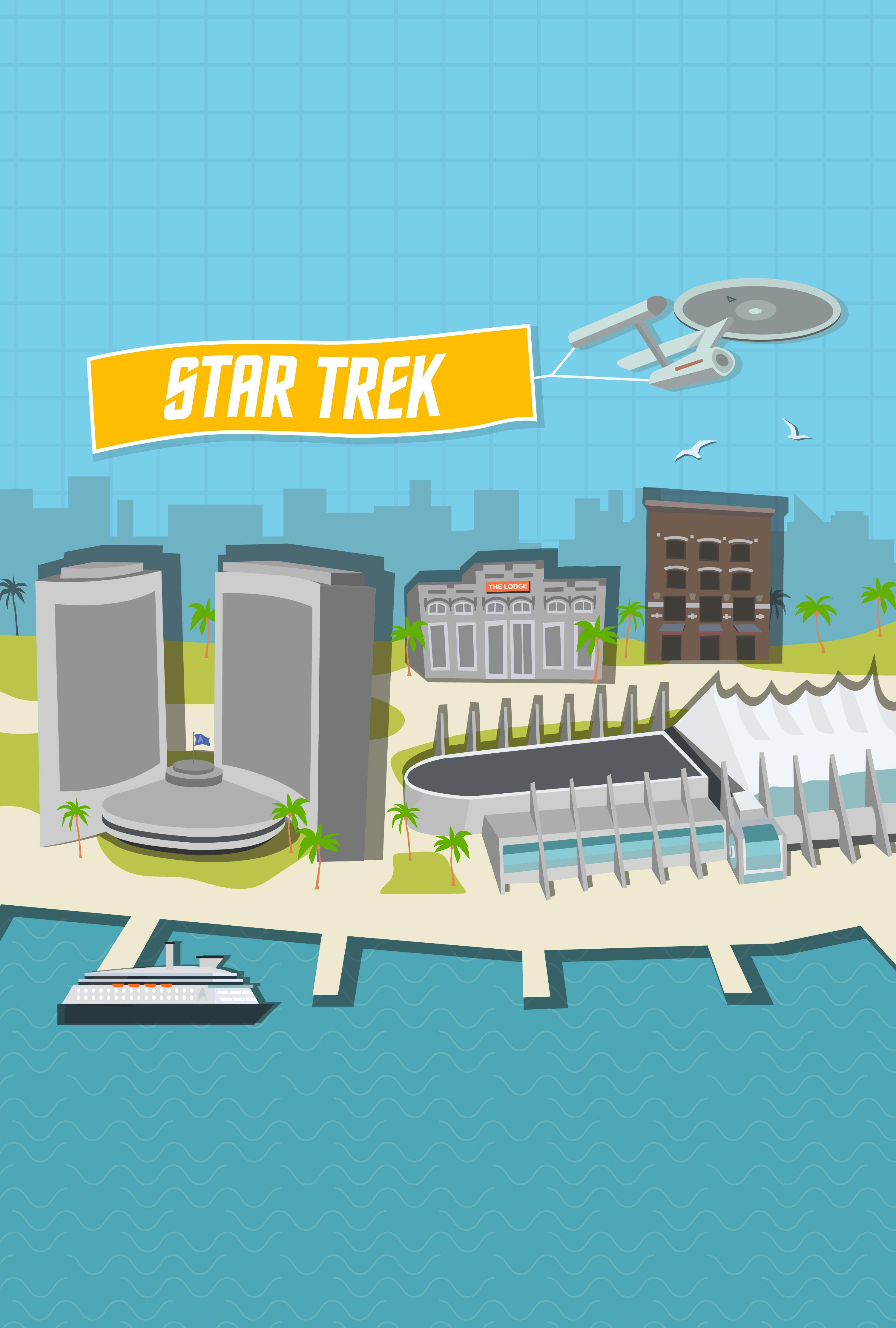Graphic illustration of the U.S.S. Enterprise flying the Star Trek banner over San Diego Comic-Con