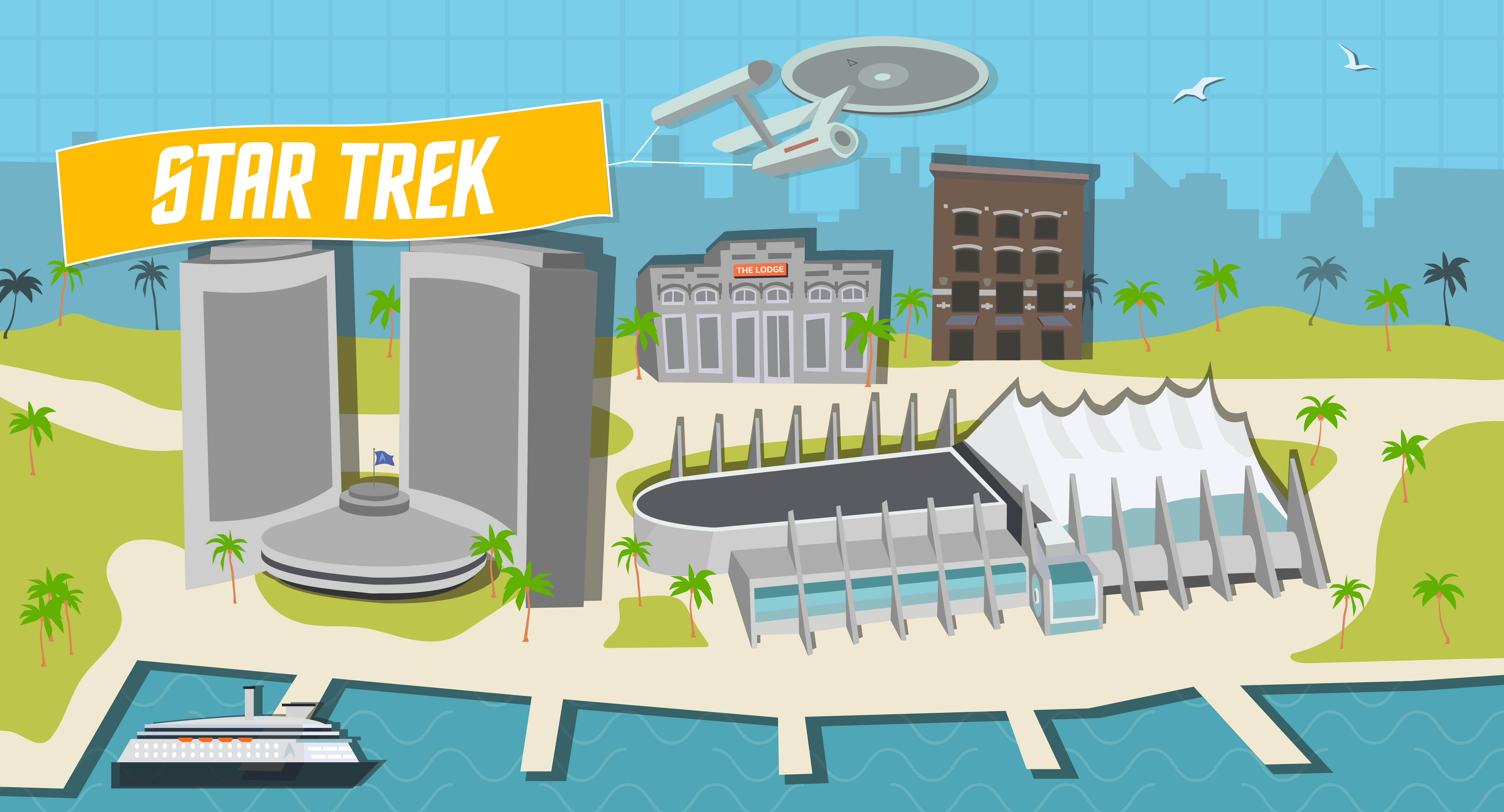 Graphic illustration of the U.S.S. Enterprise flying the Star Trek banner over San Diego Comic-Con