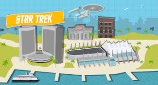 Graphic illustration of the U.S.S. Enterprise flying the Star Trek banner over San Diego Comic-Con