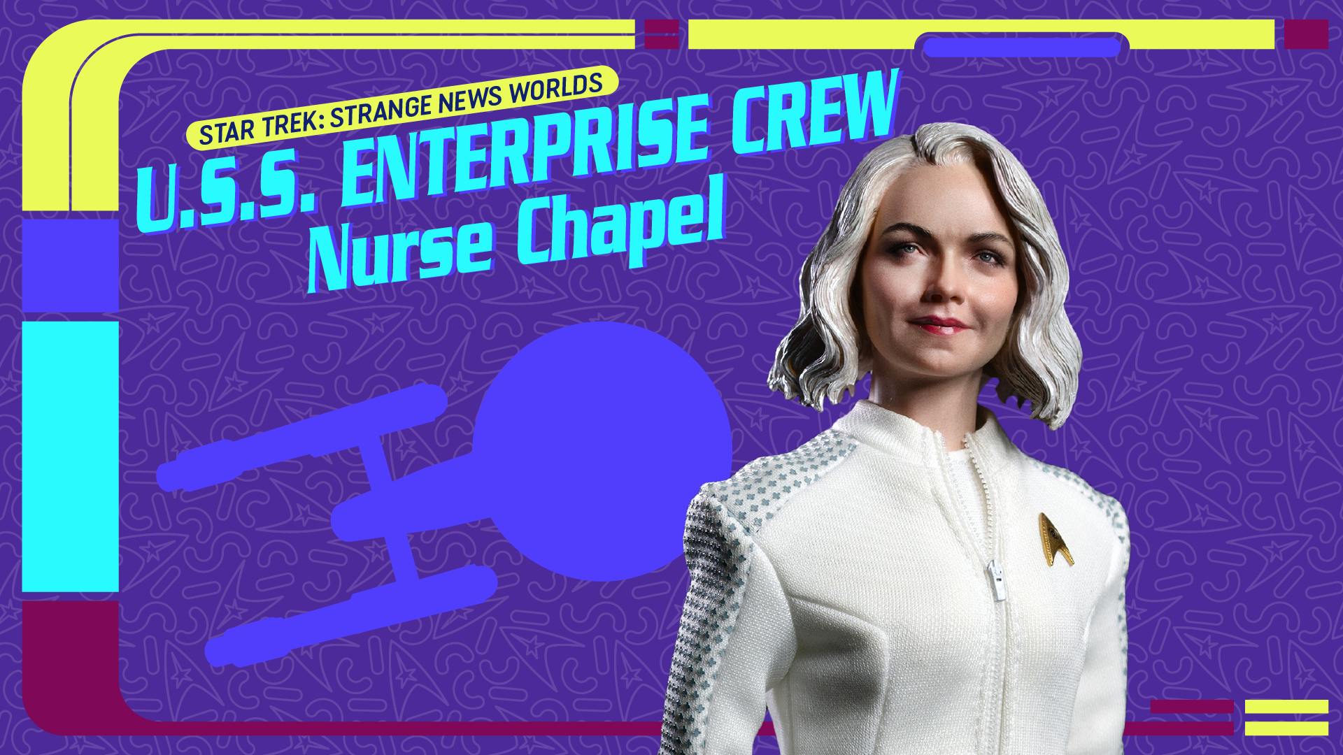 LCARS screen featuring EXO-6 action figure of Star Trek: Strange New Worlds' Nurse Chapel