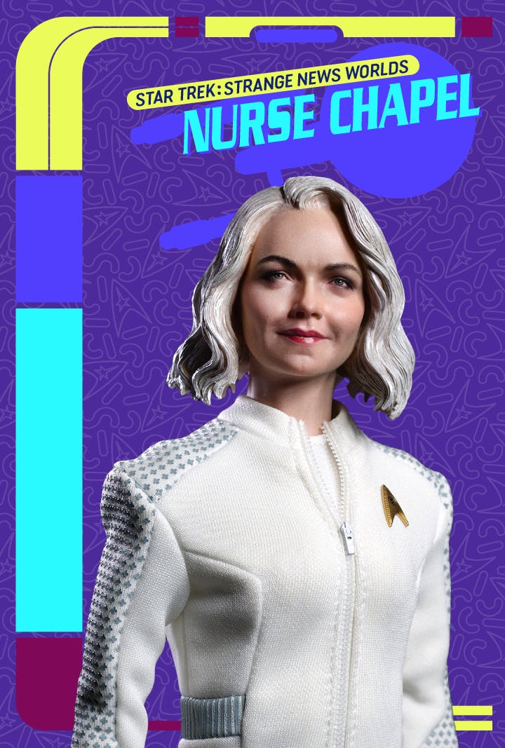 LCARS screen featuring EXO-6 action figure of Star Trek: Strange New Worlds' Nurse Chapel