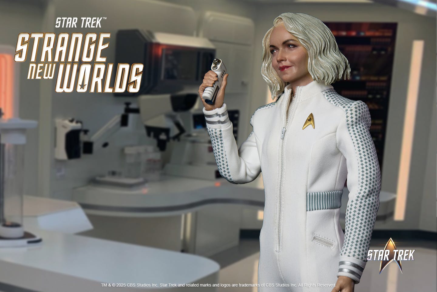 EXO-6 Nurse Chapel action figure propped against the backdrop of the Enterprise's Sickbay as she holds a hypospray in her right hand