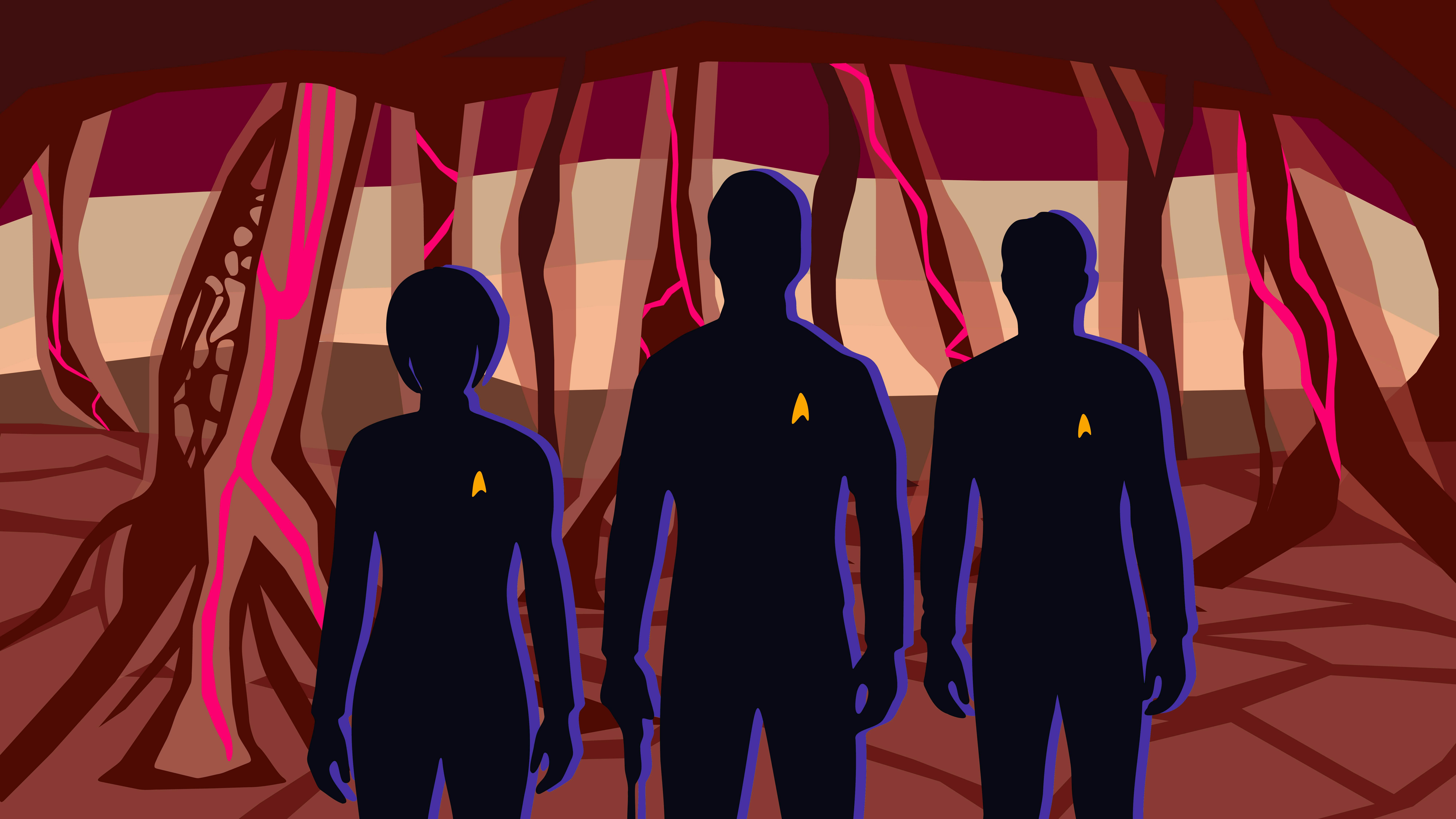 Illustration of Enterprise Crew in the feeding chamber of the Gorn ship in 'Hegemony, Part II'