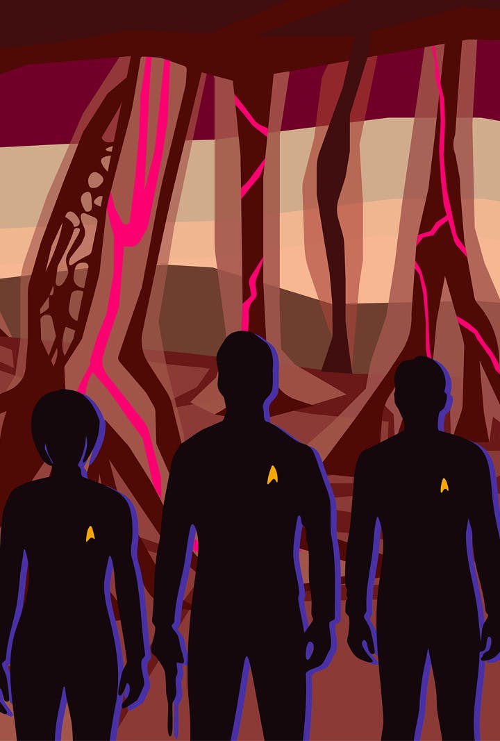 Illustration of Enterprise Crew in the feeding chamber of the Gorn ship in 'Hegemony, Part II'