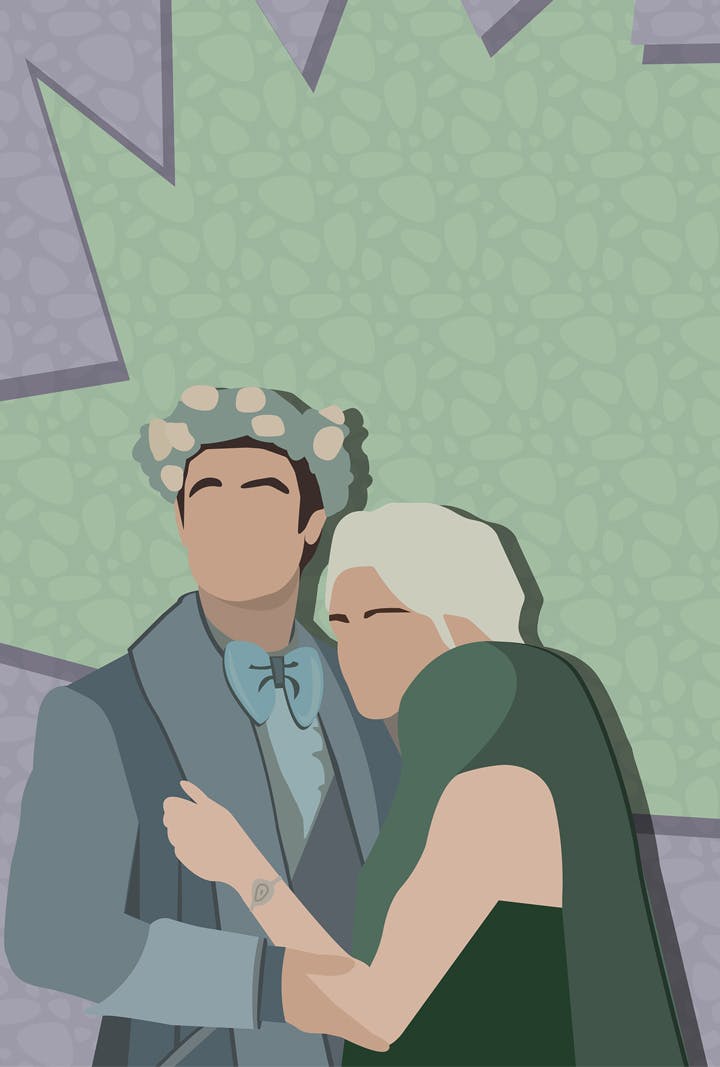 Illustration of Dr. Roger Korby and Christine Chapel embracing at Chapel and Spock's wedding in 'Wedding Bell Blues'