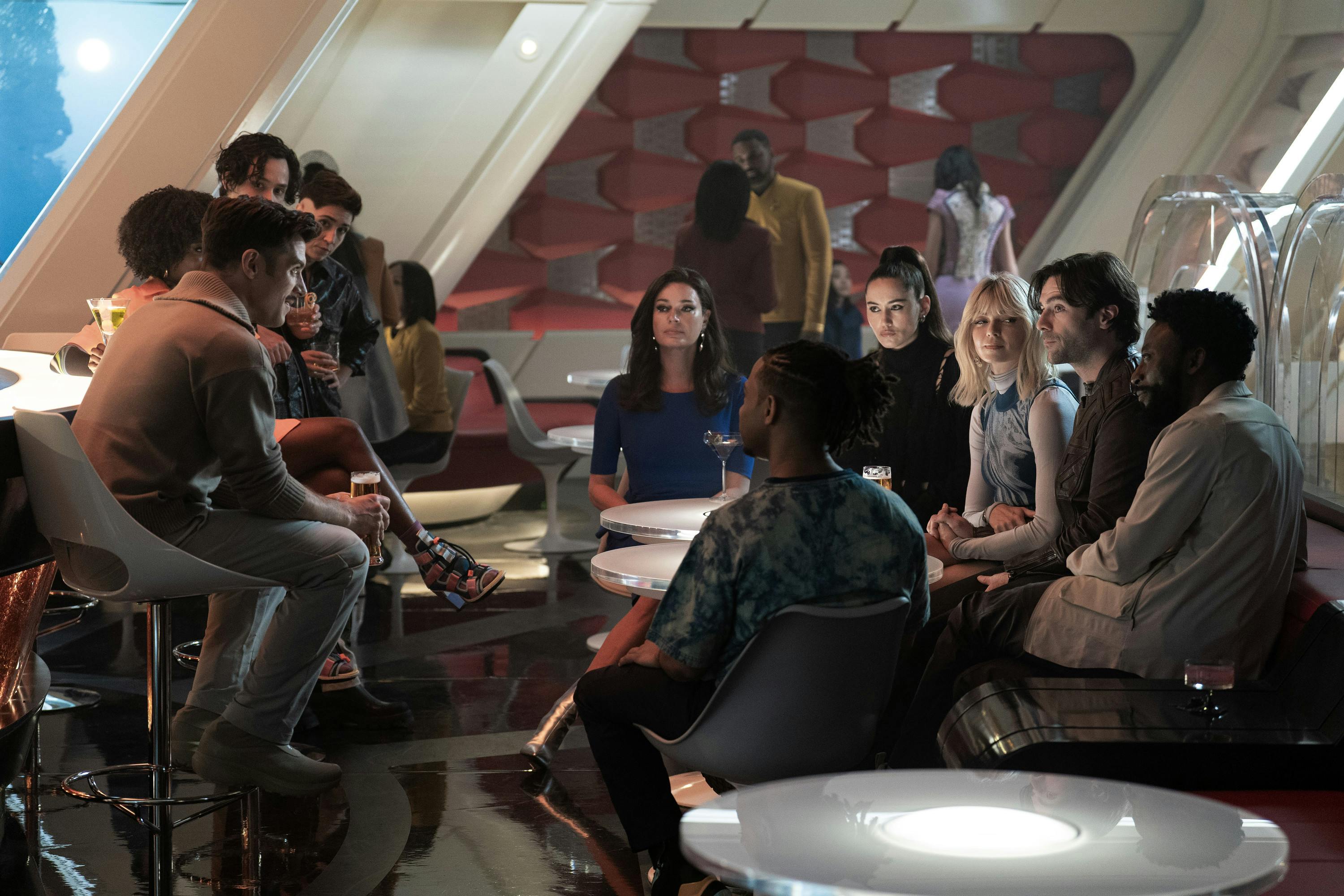 The Enterprise crew convenes in the Port Galley to hear about Christine Chapel and Roger Korby's adventures in 'Wedding Bell Blues'
