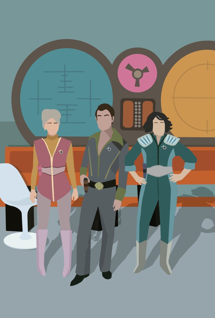 Illustration of The Last Frontier's Adelaide Shaw, Maxwell Saint, and Lee Woods on their show set in 'A Space Adventure Hour'