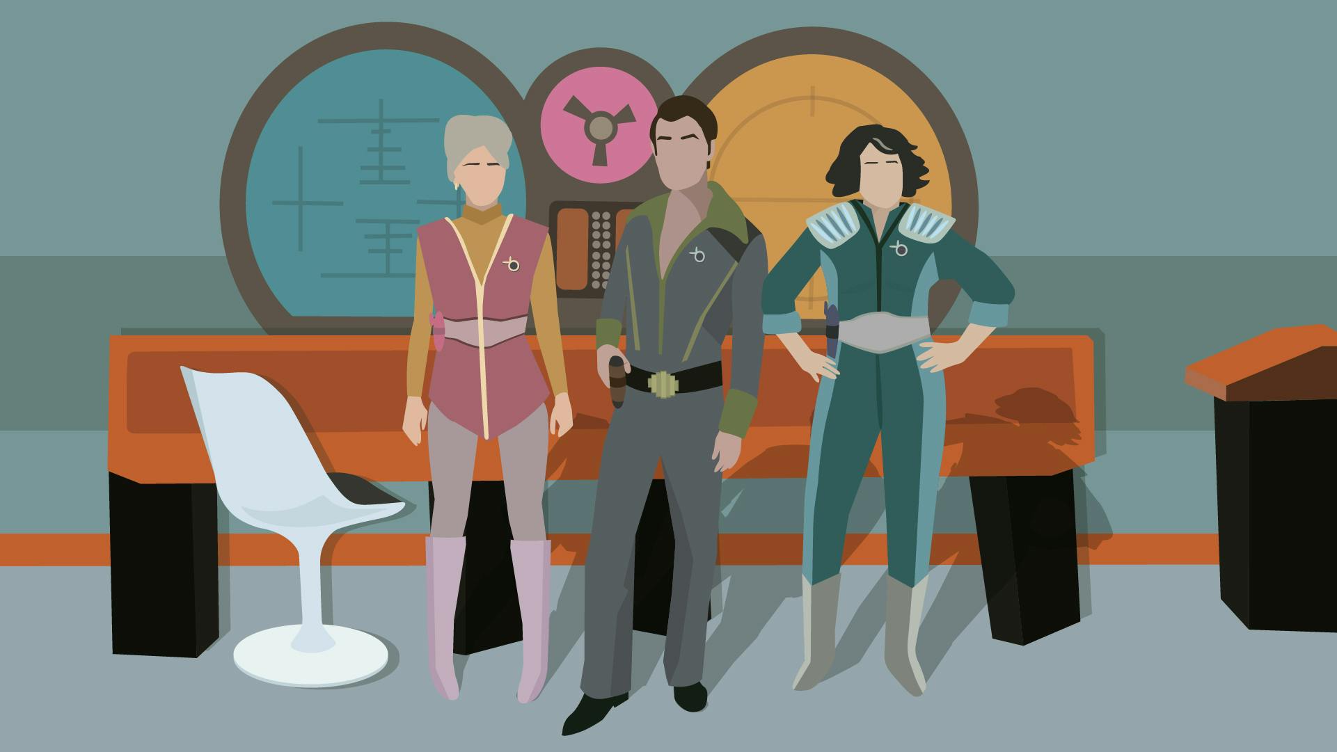 Illustration of The Last Frontier's Adelaide Shaw, Maxwell Saint, and Lee Woods on their show set in 'A Murder Mystery Hour'