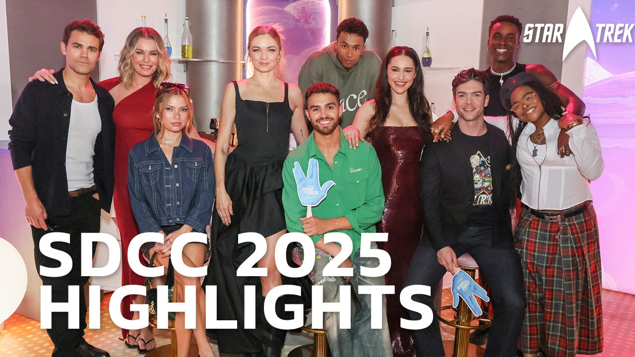Paul Wesley, Rebecca Romijn, Bella Shepard, Jess Bush, George Hawkins, Sandro Rosta, Christine Chong, Ethan Peck, Karim Diané, and Kerrice Brooks attend the Star Trek cast visit to the Paramount+ The Lodge at SDCC 2025