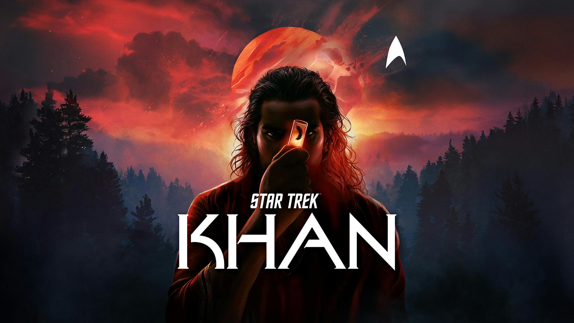Star Trek: Khan audio series key art featuring Khan on the surface of Ceti Alpha V holding a ceti eel