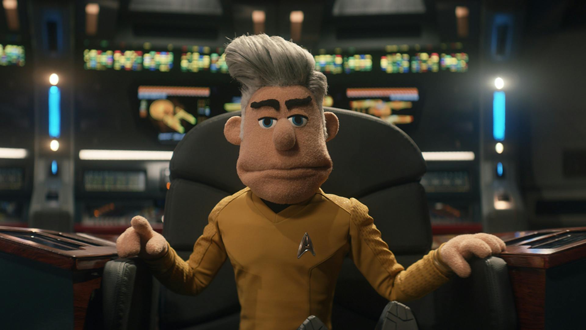 Puppet Captain Pike sits in the Captain's Chair on the Bridge of the Enterprise