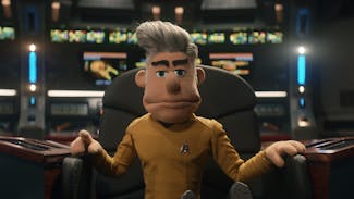 Puppet Captain Pike sits in the Captain's Chair on the Bridge of the Enterprise