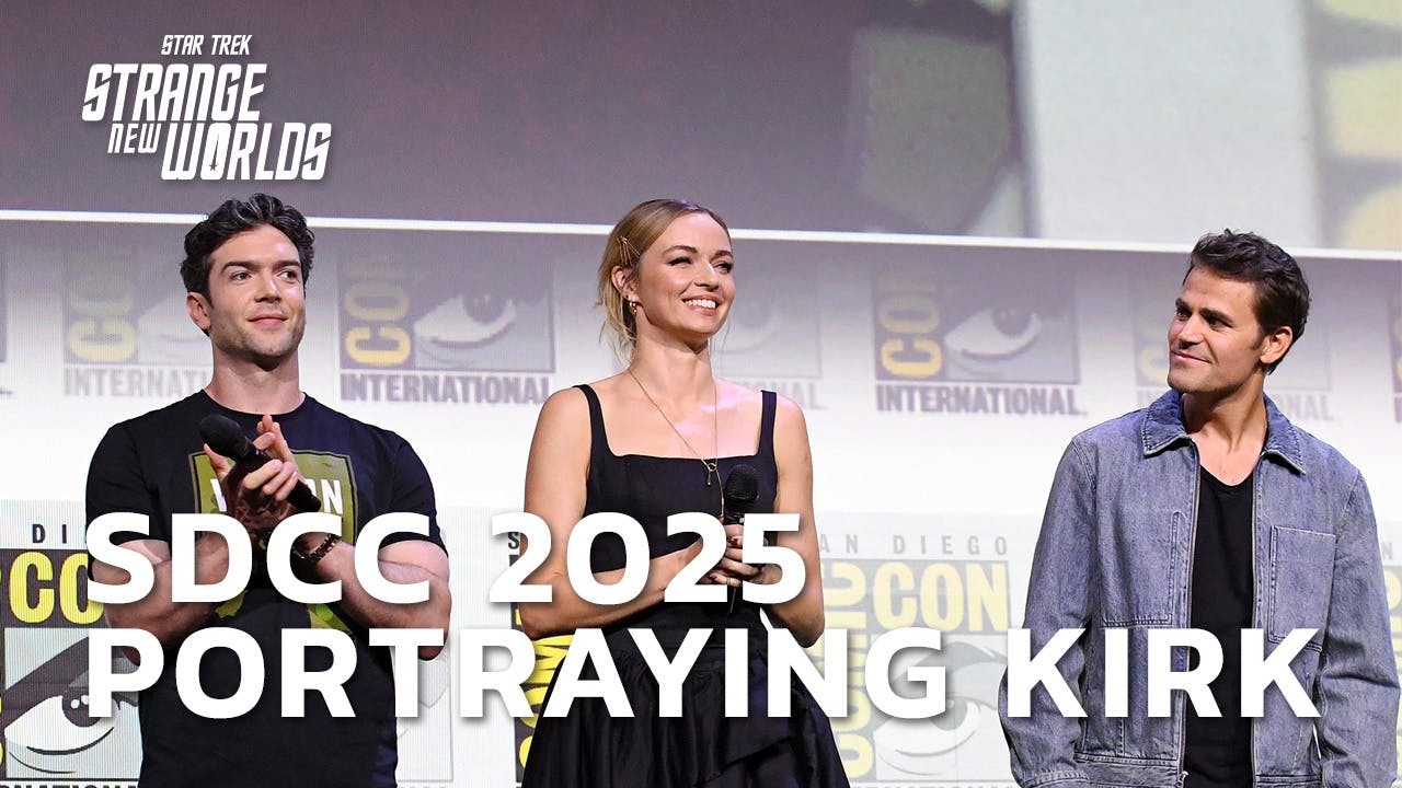 Ethan Peck, Jess Bush, and Paul Wesley on stage in Hall H at San Diego Comic-Con 2025