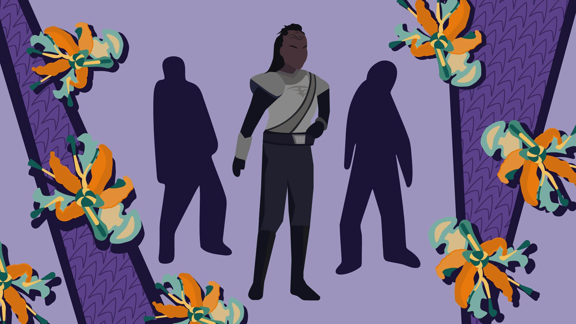 Graphic illustration of the Klingon Bytha surrounded by two zombies in 'Shuttle to Kenfori'