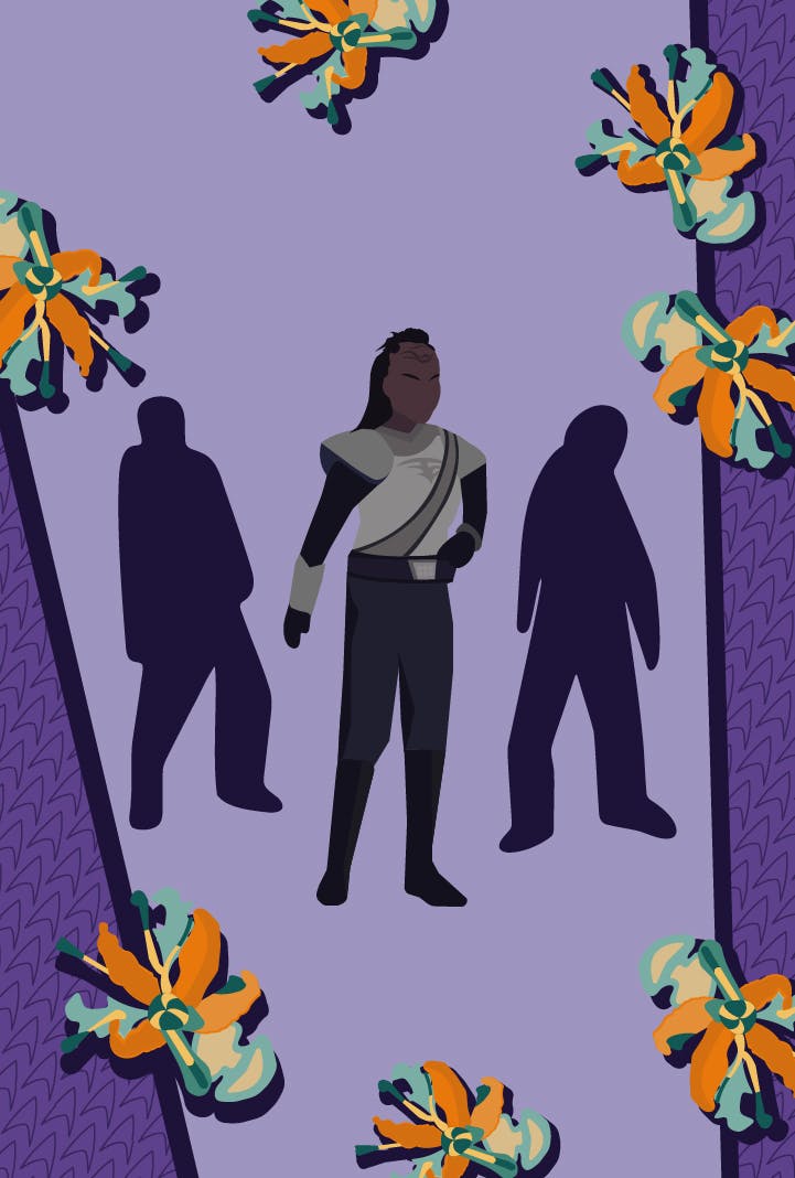 Graphic illustration of the Klingon Bytha surrounded by two zombies in 'Shuttle to Kenfori'