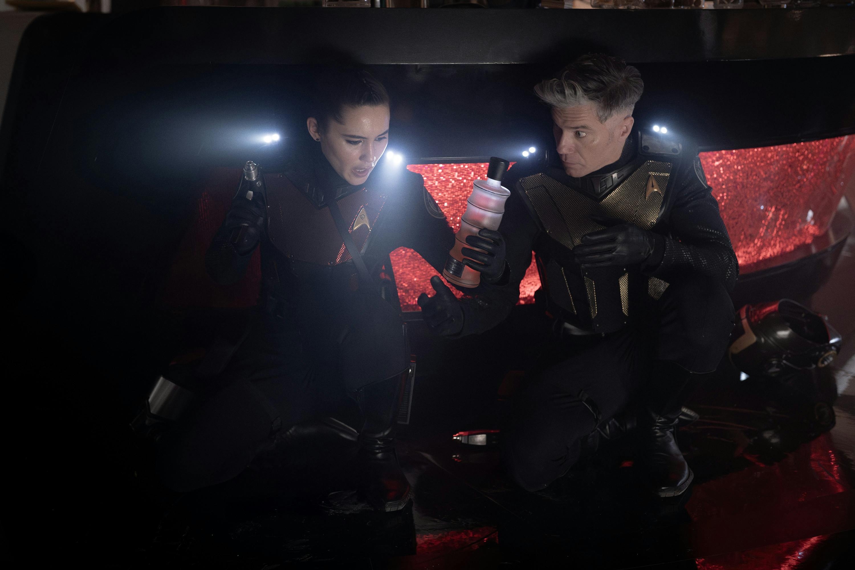 La'An and Pike take refuge on the Enterprise's Port Galley as they determine another course of action to take with the scavengers aboard in 'The Sehlat Who Ate Its Tail'