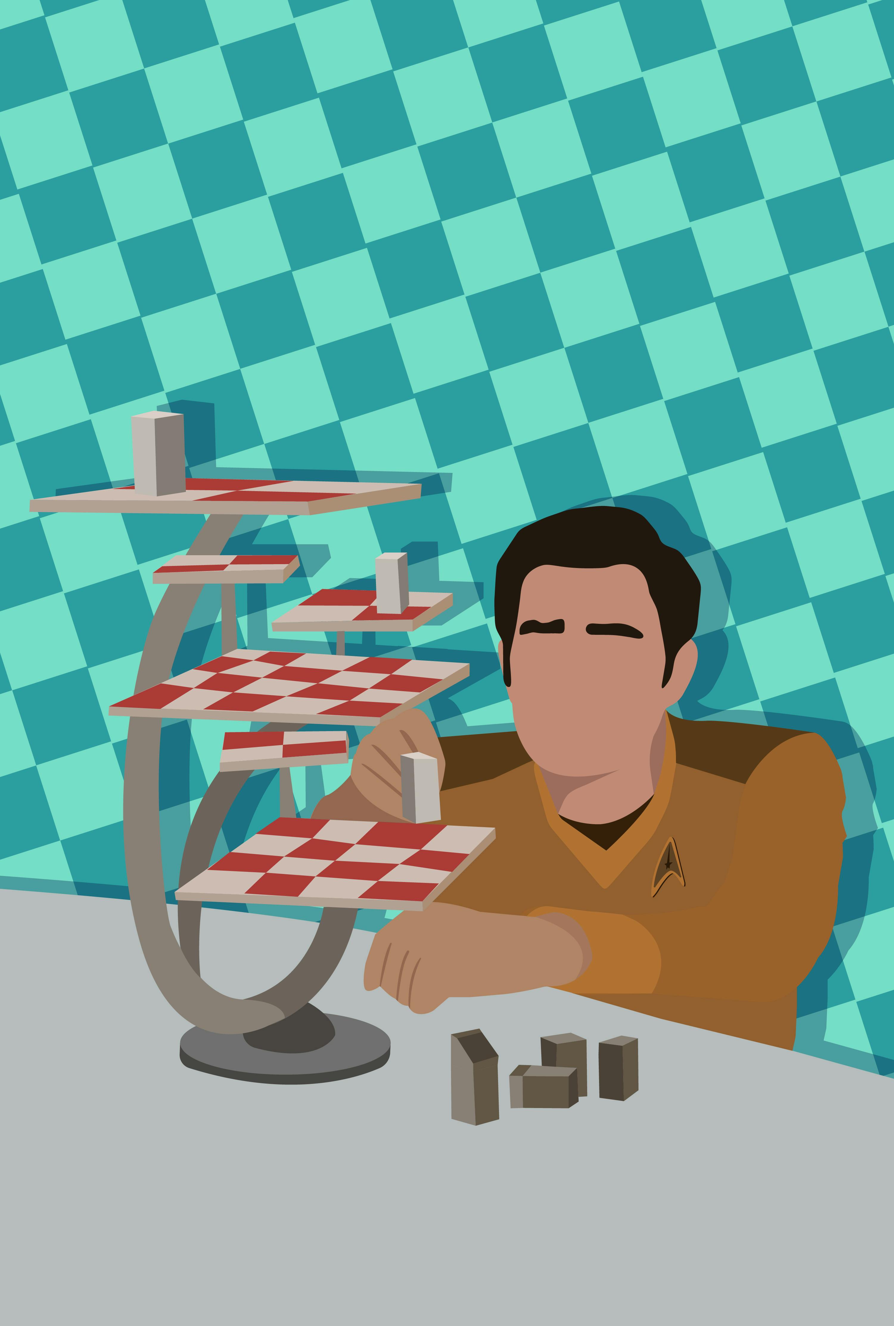 Illustration of James T. Kirk looking at a three-dimensional chess board in 'The Sehlat Who Ate Its Tail'