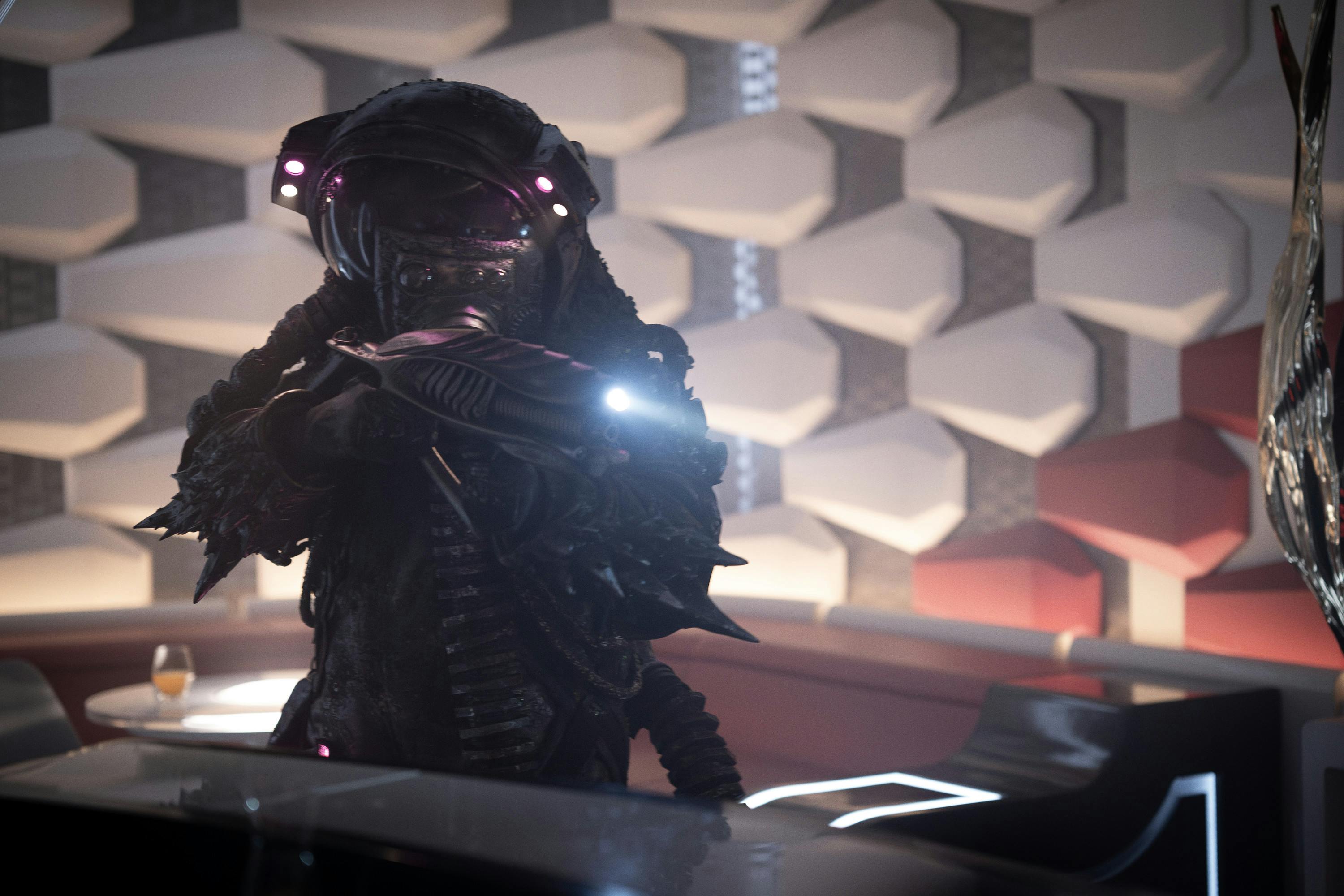 A scavenger points its weapon at the Enterprise crew in the Port Galley in 

'The Sehlat Who Ate Its Tail'