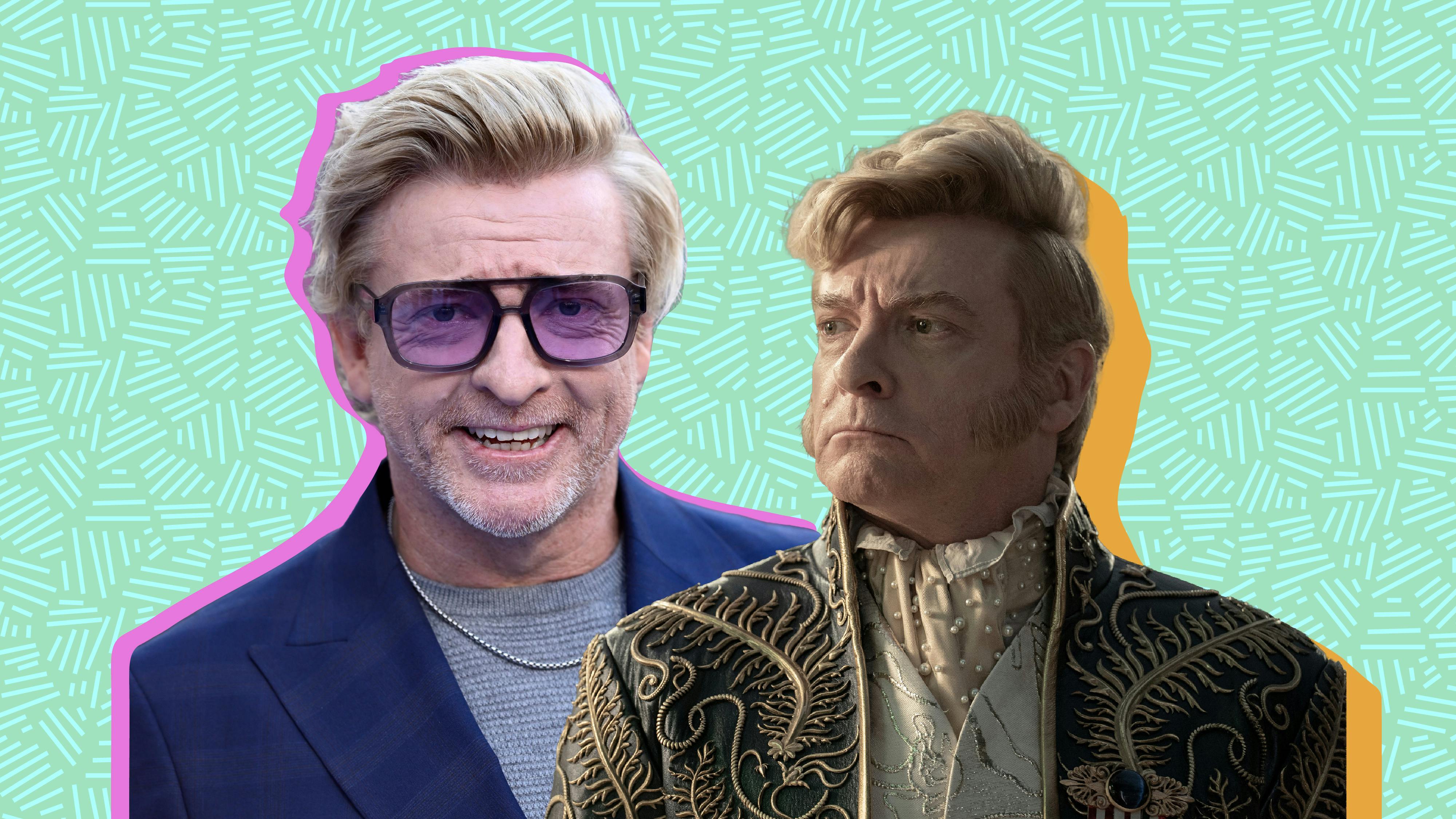 Collage of Rhys Darby and his Strange New Worlds character Trelane
