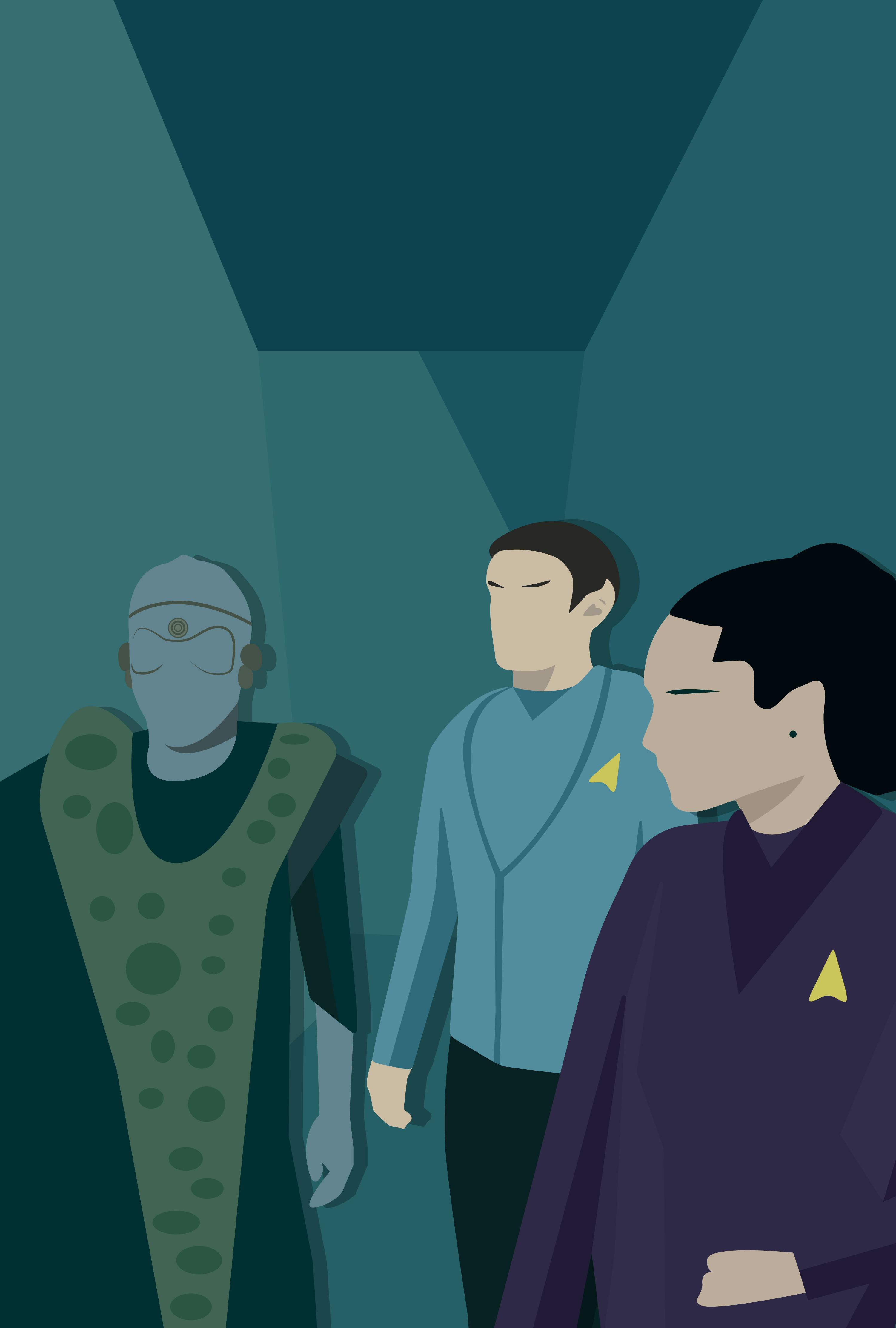 Illustration of Spock and La'An facing N'Jal in 'Through the Lens of Time'