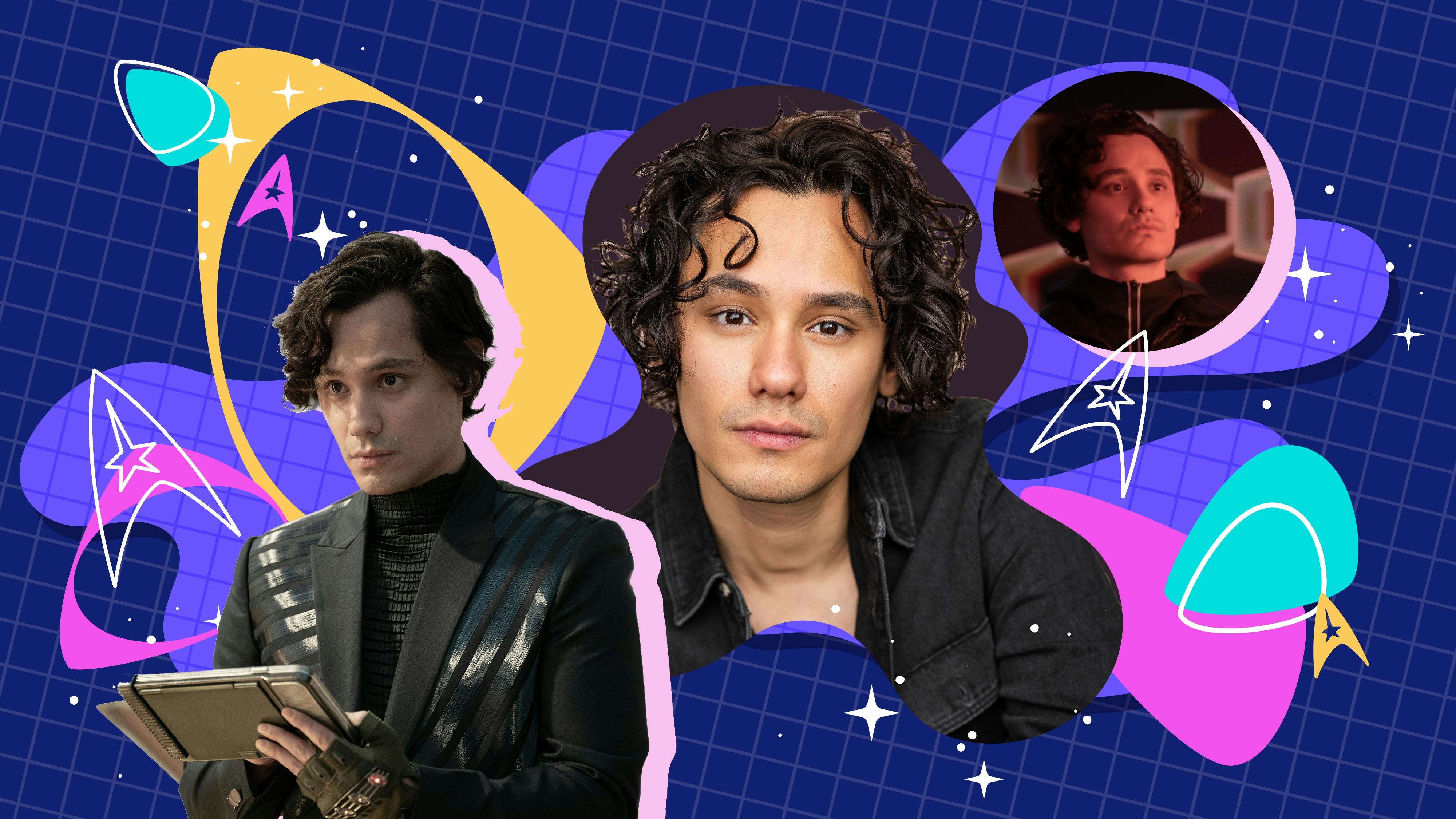 Stylized iconography featuring headshot of Mynor Luken and two stills of Strange New Worlds' Beto Ortegas