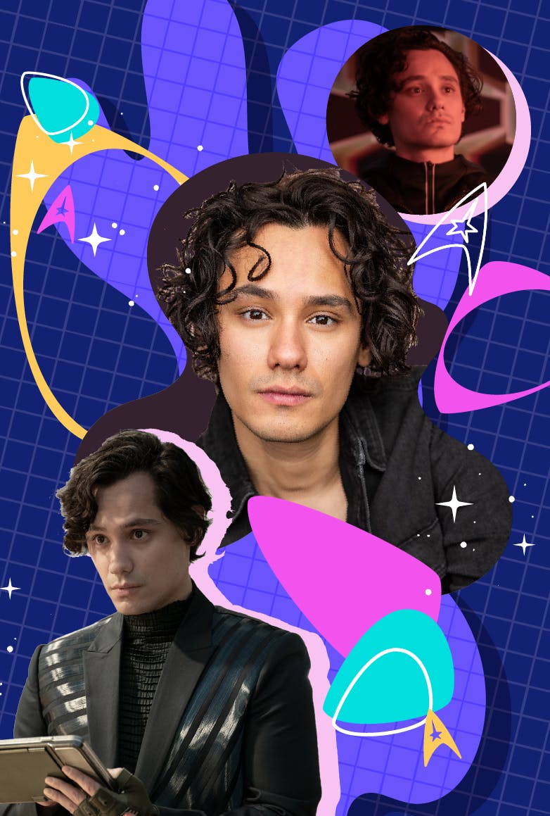 Stylized iconography featuring headshot of Mynor Luken and two stills of Strange New Worlds' Beto Ortegas