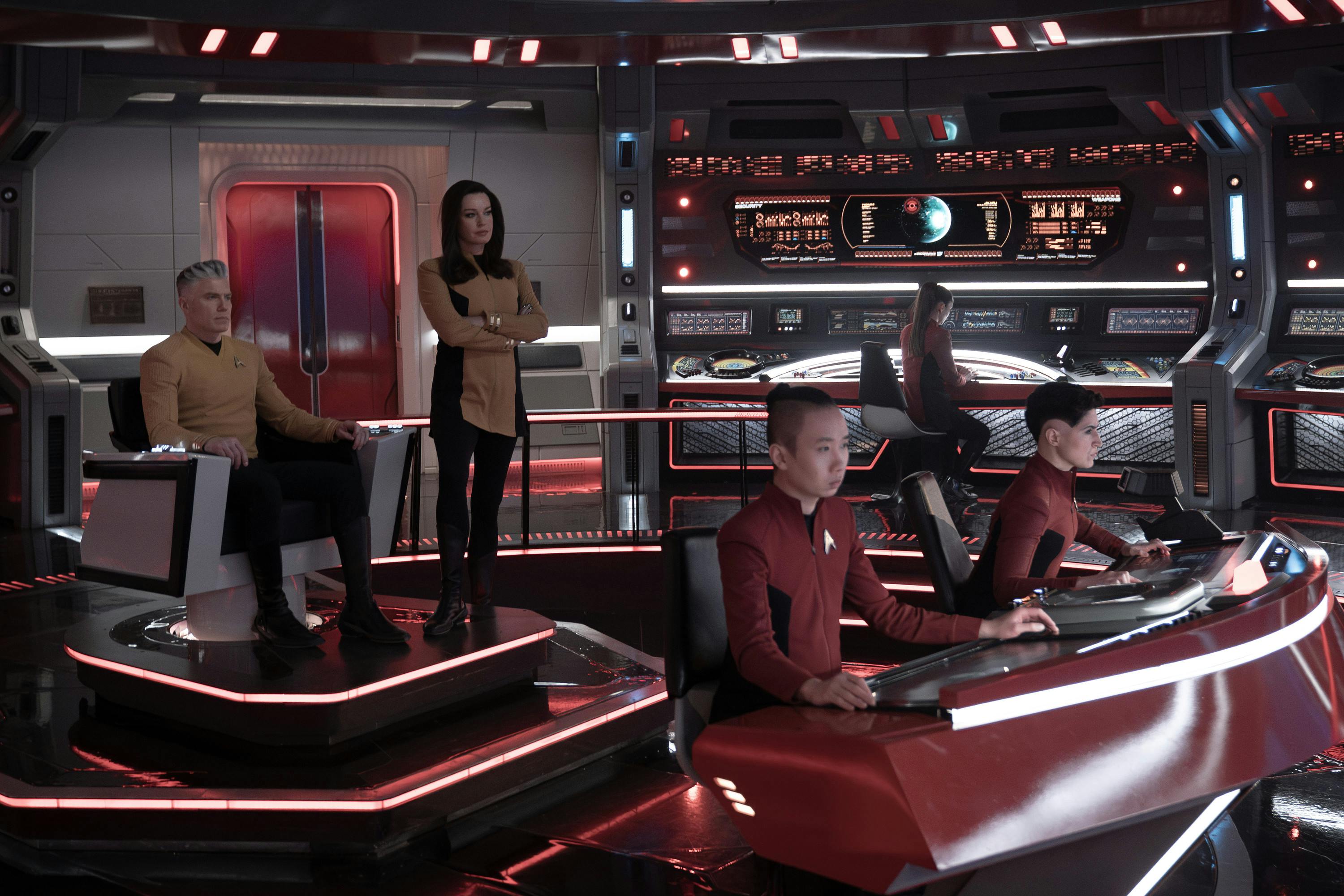 The Enterprise crew at their stations on the bridge in 'What is Starfleet?'