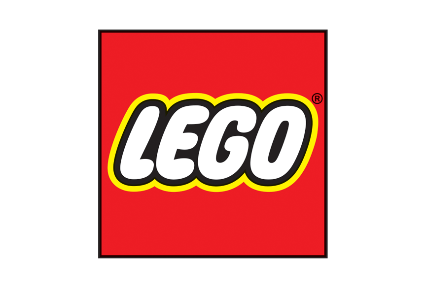 red block with white LEGO text in the middle, outlined in black and yellow