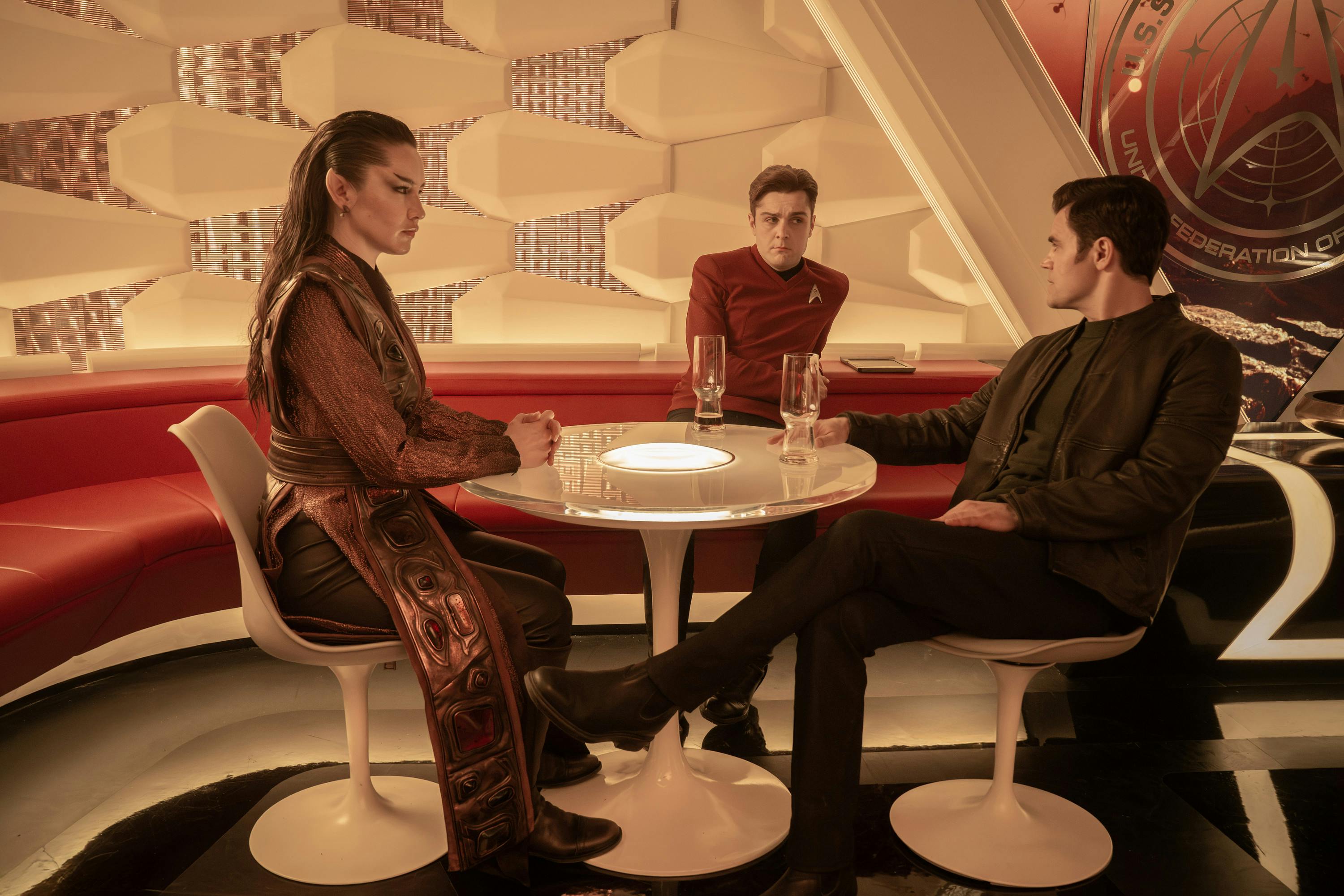 James T. Kirk socializes with Vulcan La'Aan and Scotty in the Port Galley in 'Four-and-a-Half Vulcans'
