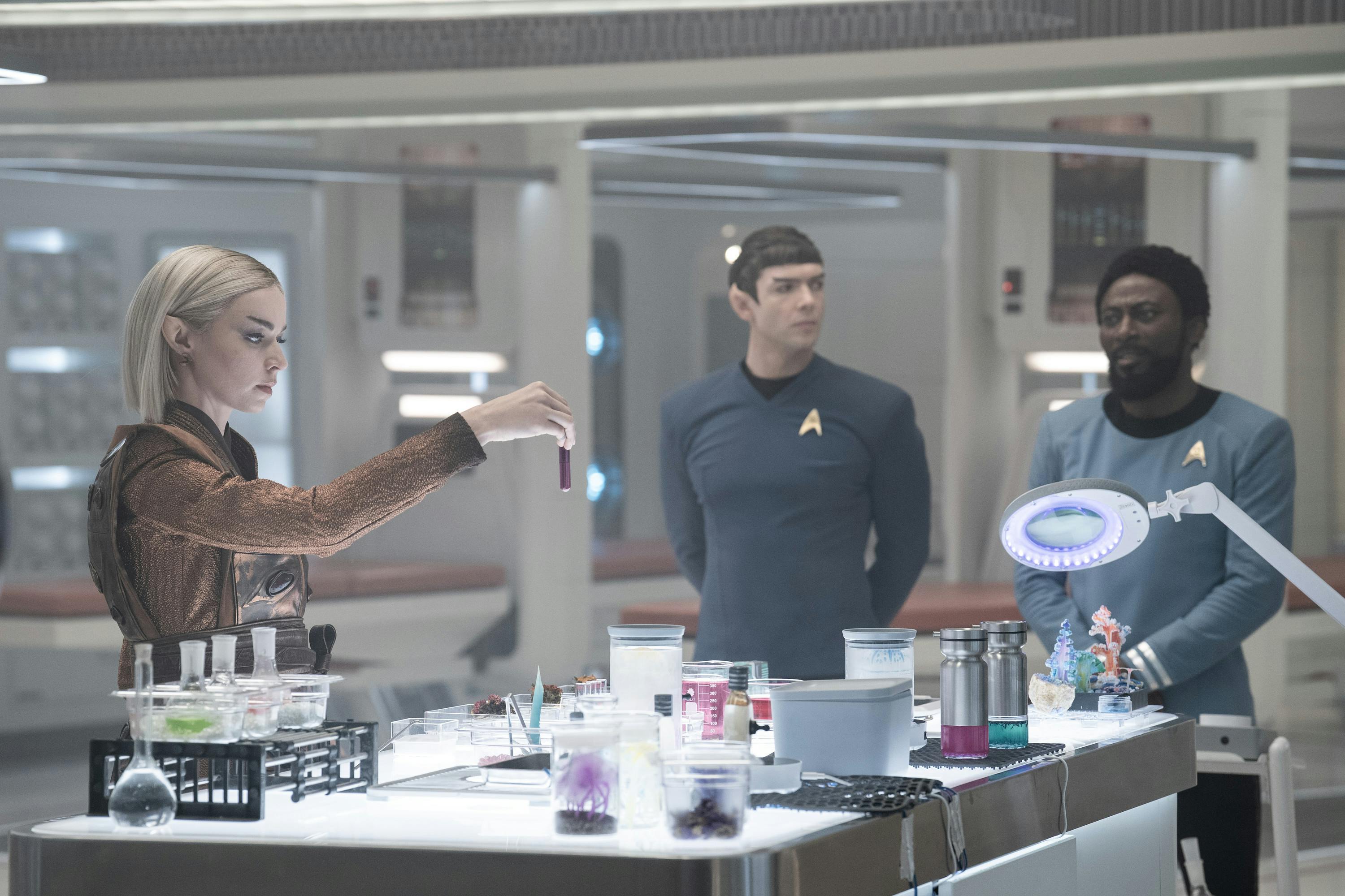 Vulcan Chapel runs experiments in Sickbay as Spock and M'Benga observe in 'Four-and-a-Half Vulcans'